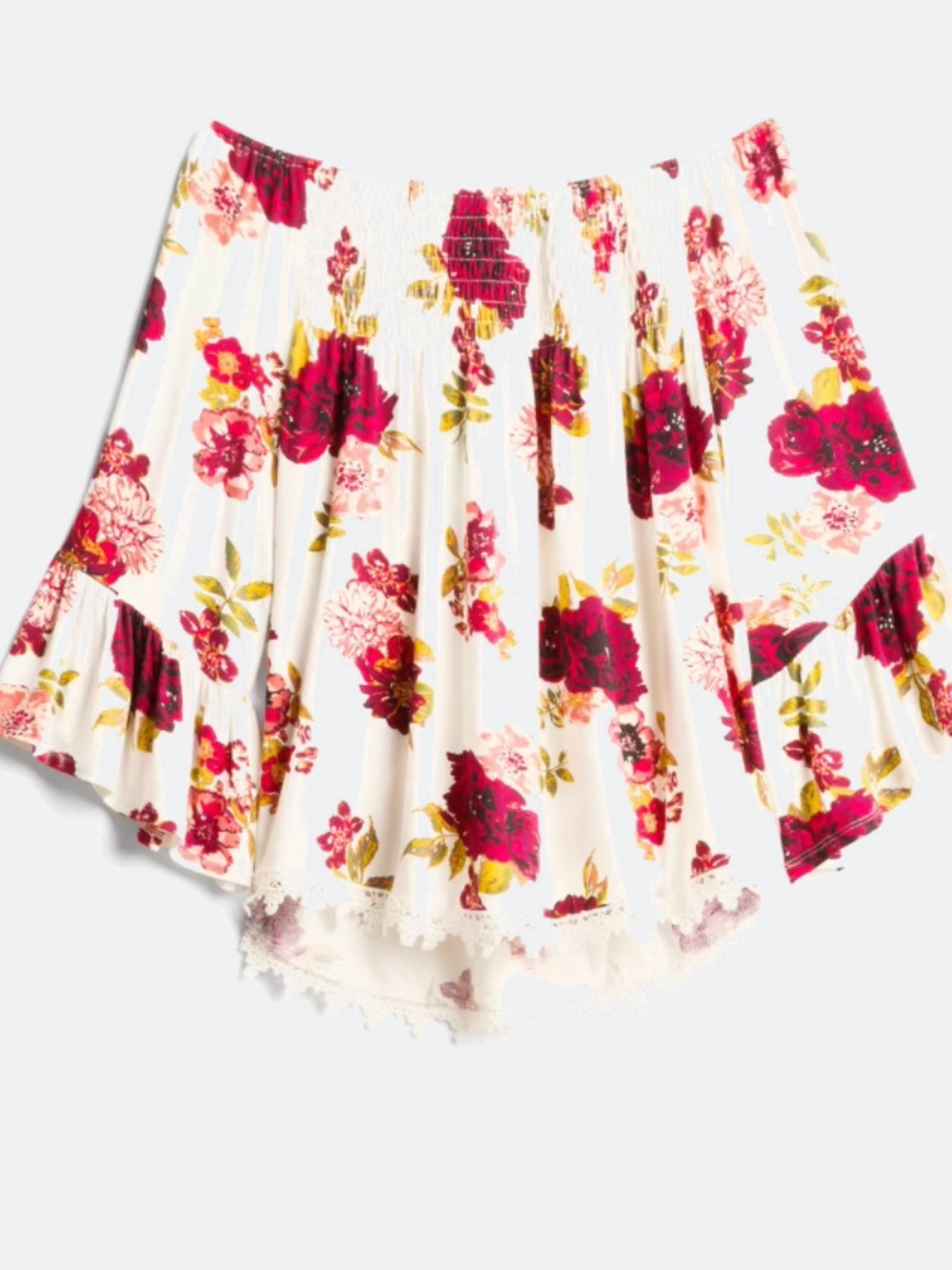 LUQ Juliet Crochet Detail Smocked Knit Top - White with Fuchsia Floral